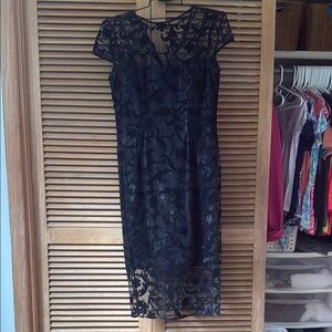 Nine West Blue Sheath Midi Dress V-neck Cap Sleeve